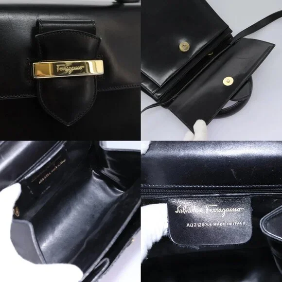 Salvatore Ferragamo Hand Bag Leather 2way Black Gold Auth 124649